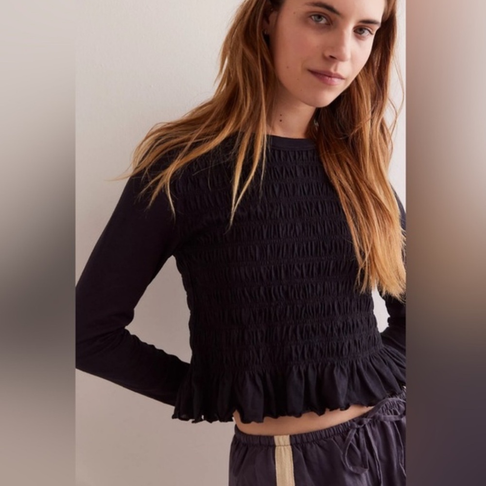 Free People Black Smocked Ruffle Hem Long Sleeve Top